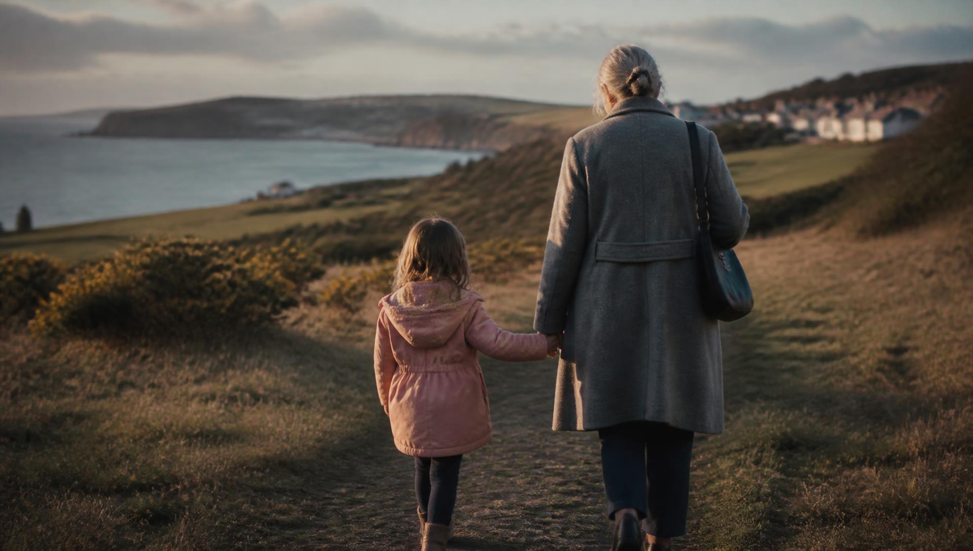 An older woman and a young child walking together along a British coastal path